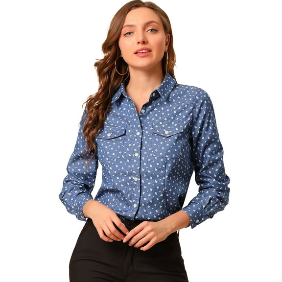 DARING DIVA Women's Dots Point Collar Chest Pockets Button Up Shirt XS Blue Floral