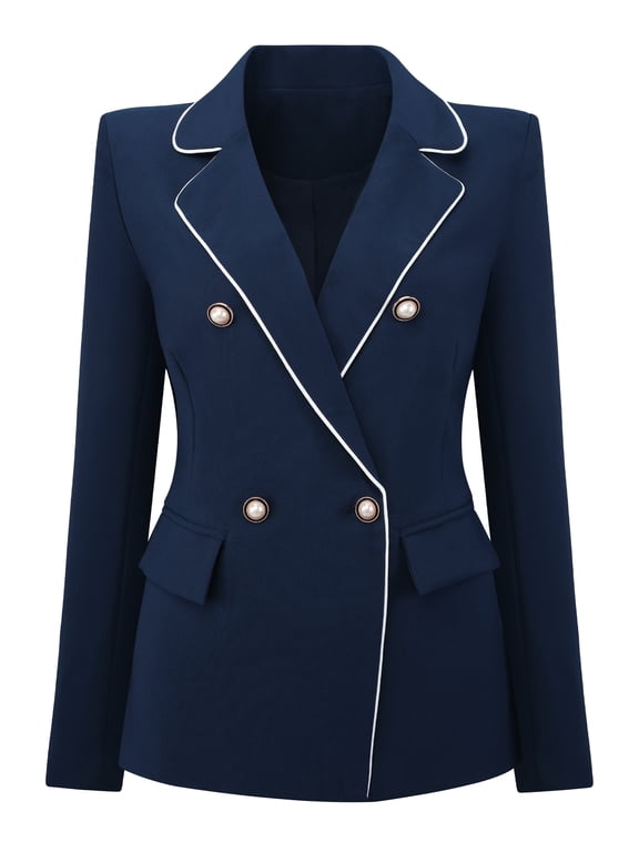 Women's Double Breasted Blazer Business Suit Jacket L Navy Blue