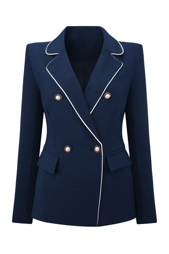 Women's Double Breasted Blazer Business Suit Jacket L Navy Blue