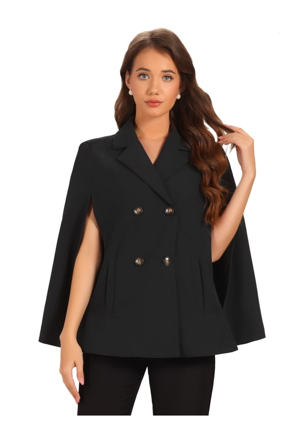 Women's Double Breasted Blazer Office Cloak Cape Jacket L Black