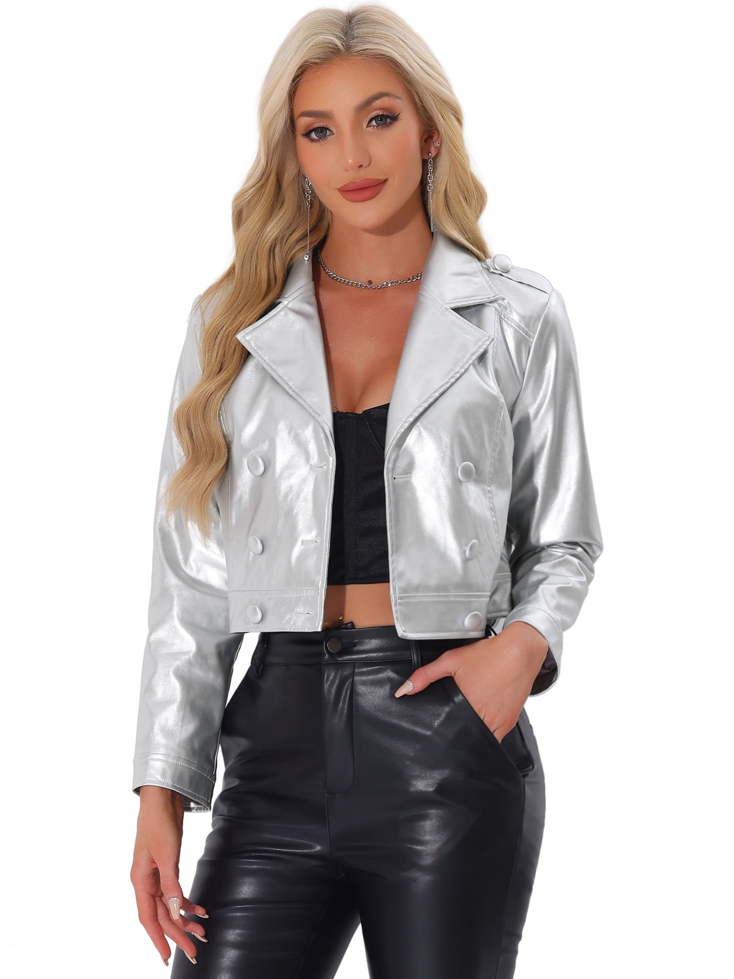 DARING DIVA Women's Metallic Jacket Double Breasted Notch Lapel Disco Party XS Silver