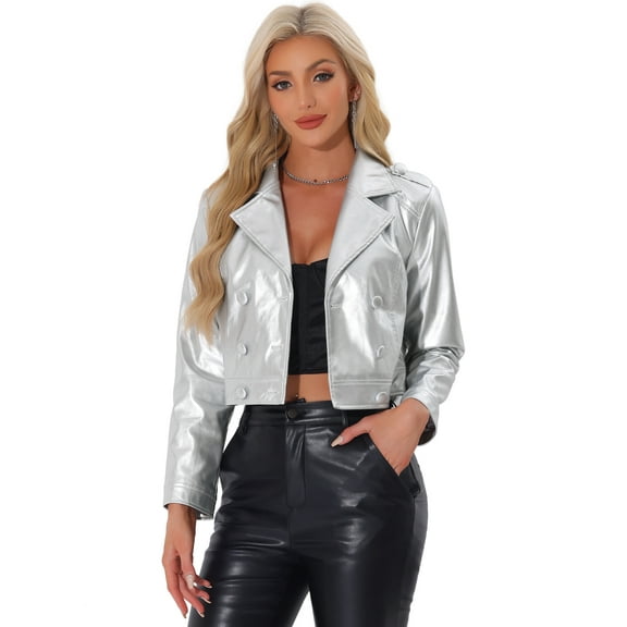 DARING DIVA Women's Double Breasted Notch Lapel Holographic Jacket XS Silver