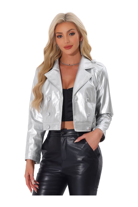 Women's Double Breasted Notch Lapel Holographic Jacket XS Silver