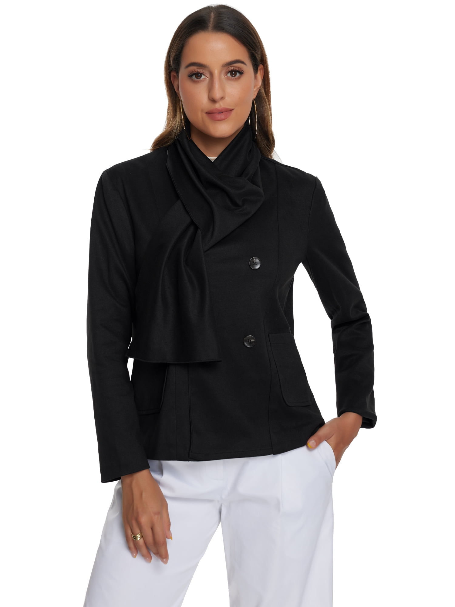 DARING DIVA Women's Double Breasted Outwear Fashion Overcoat with Scarf Black L