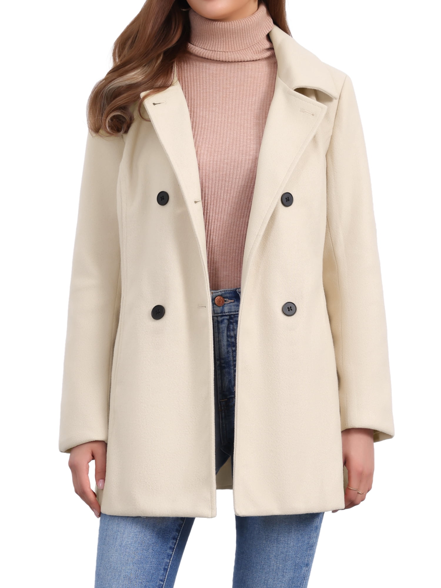 DARING DIVA Women's Double Breasted Long Sleeves Button Down Winter Peacoat L Beige
