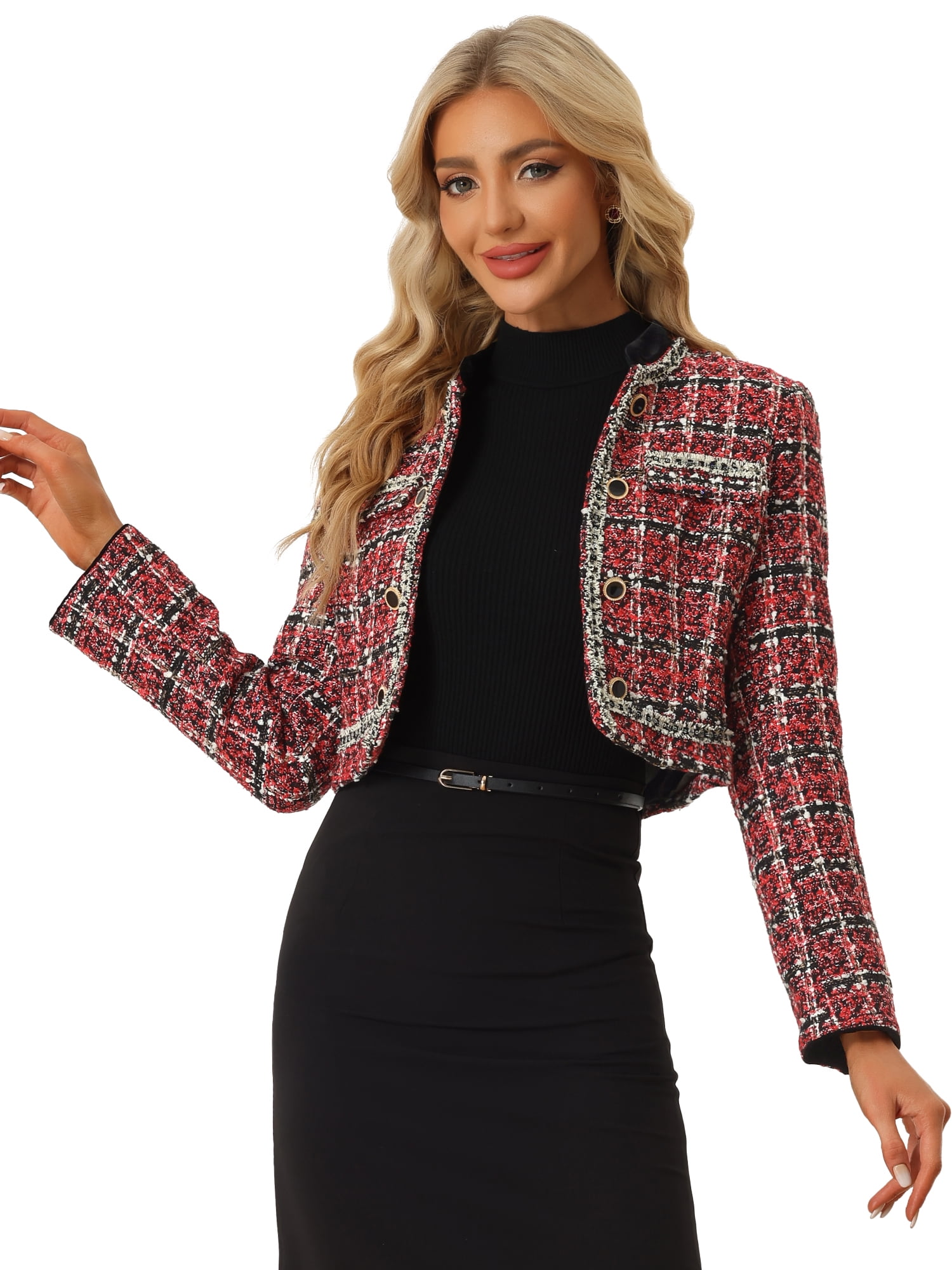 DARING DIVA Women's Double Breasted Plaid Tweed Cropped Jacket L Red