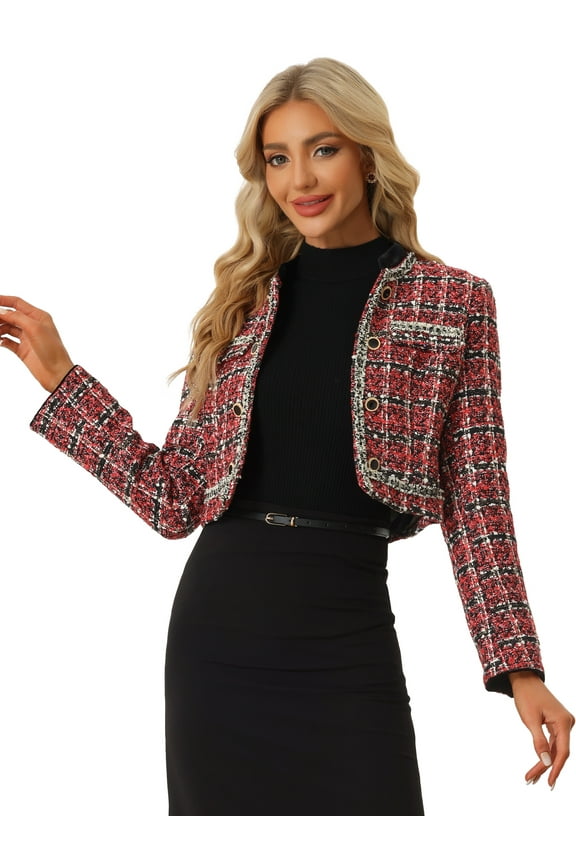 Women's Double Breasted Plaid Tweed Cropped Jacket L Red