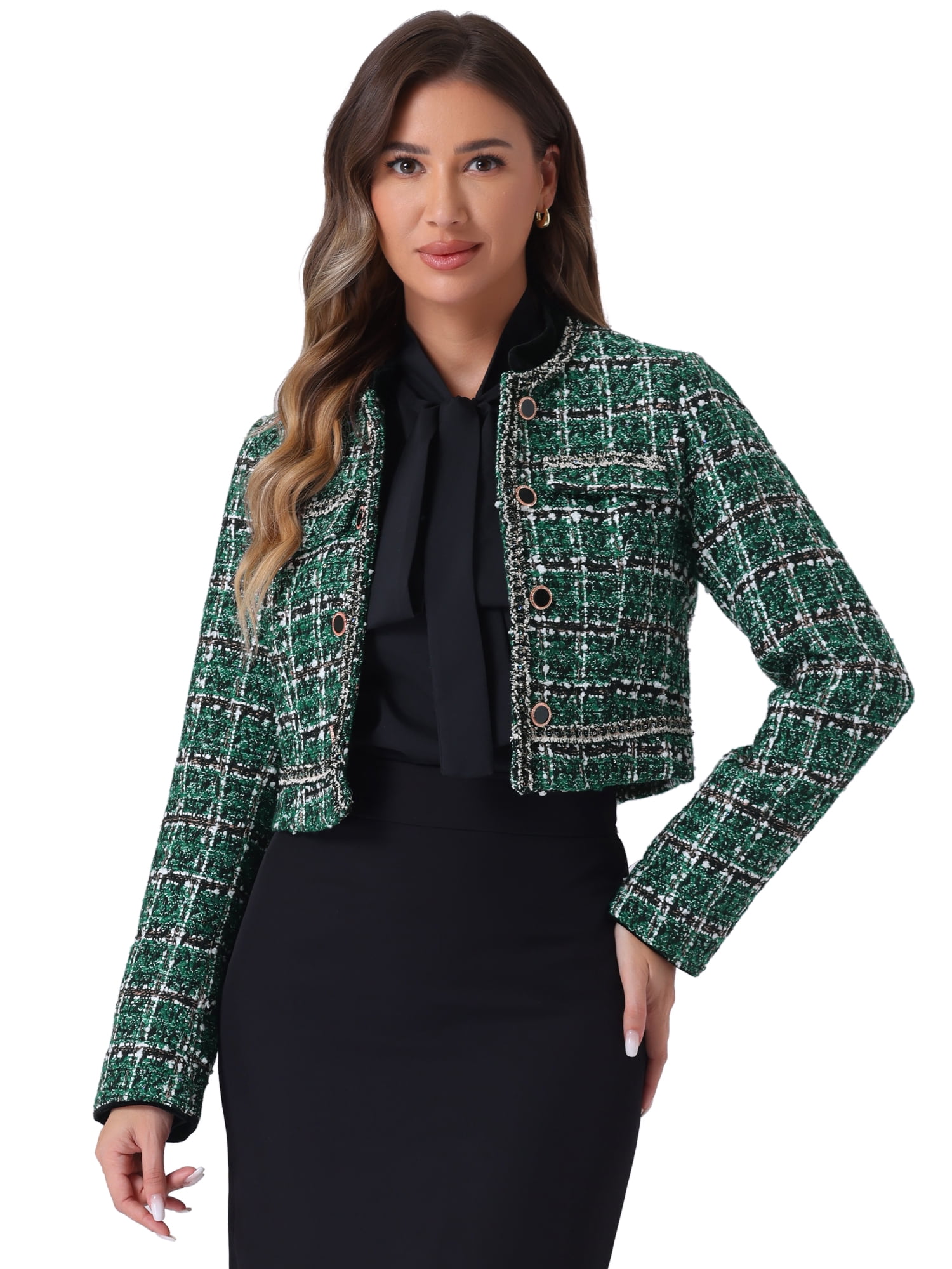 DARING DIVA Women's Double Breasted Plaid Tweed Cropped Jacket S Green