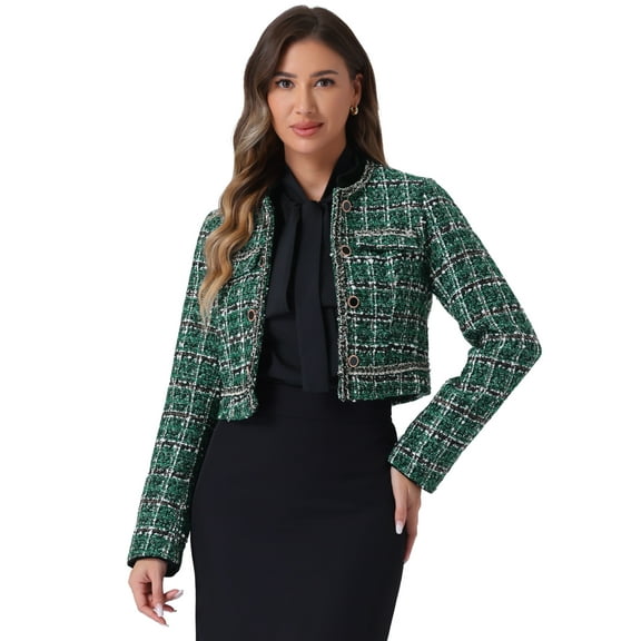 DARING DIVA Women's Double Breasted Plaid Tweed Cropped Jacket S Green