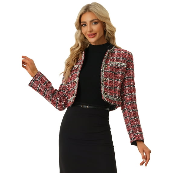 DARING DIVA Women's Double Breasted Plaid Tweed Cropped Jacket XS Red