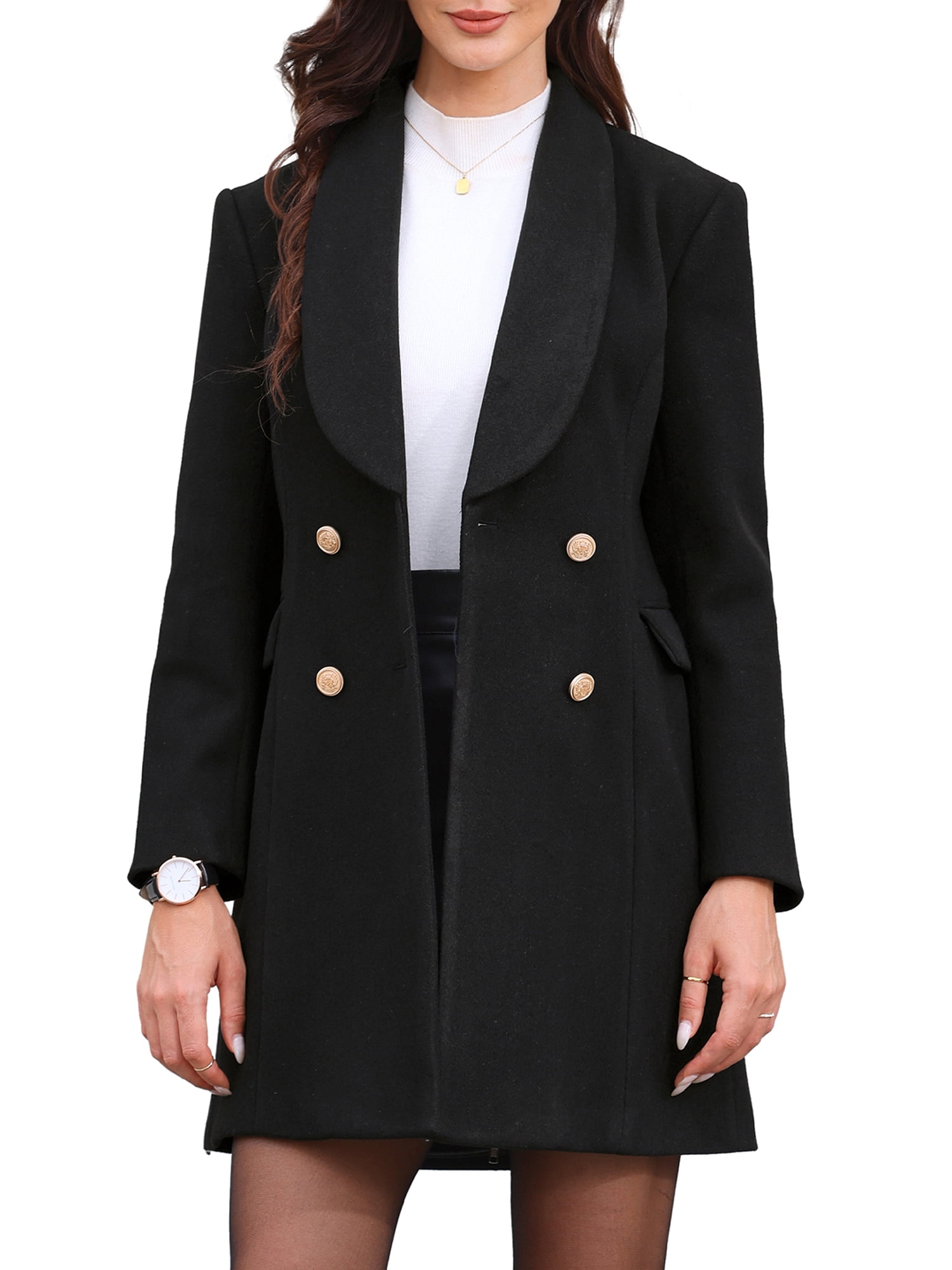 DARING DIVA Women's Double Breasted Shawl Collar Long Coat With Pockets M Black