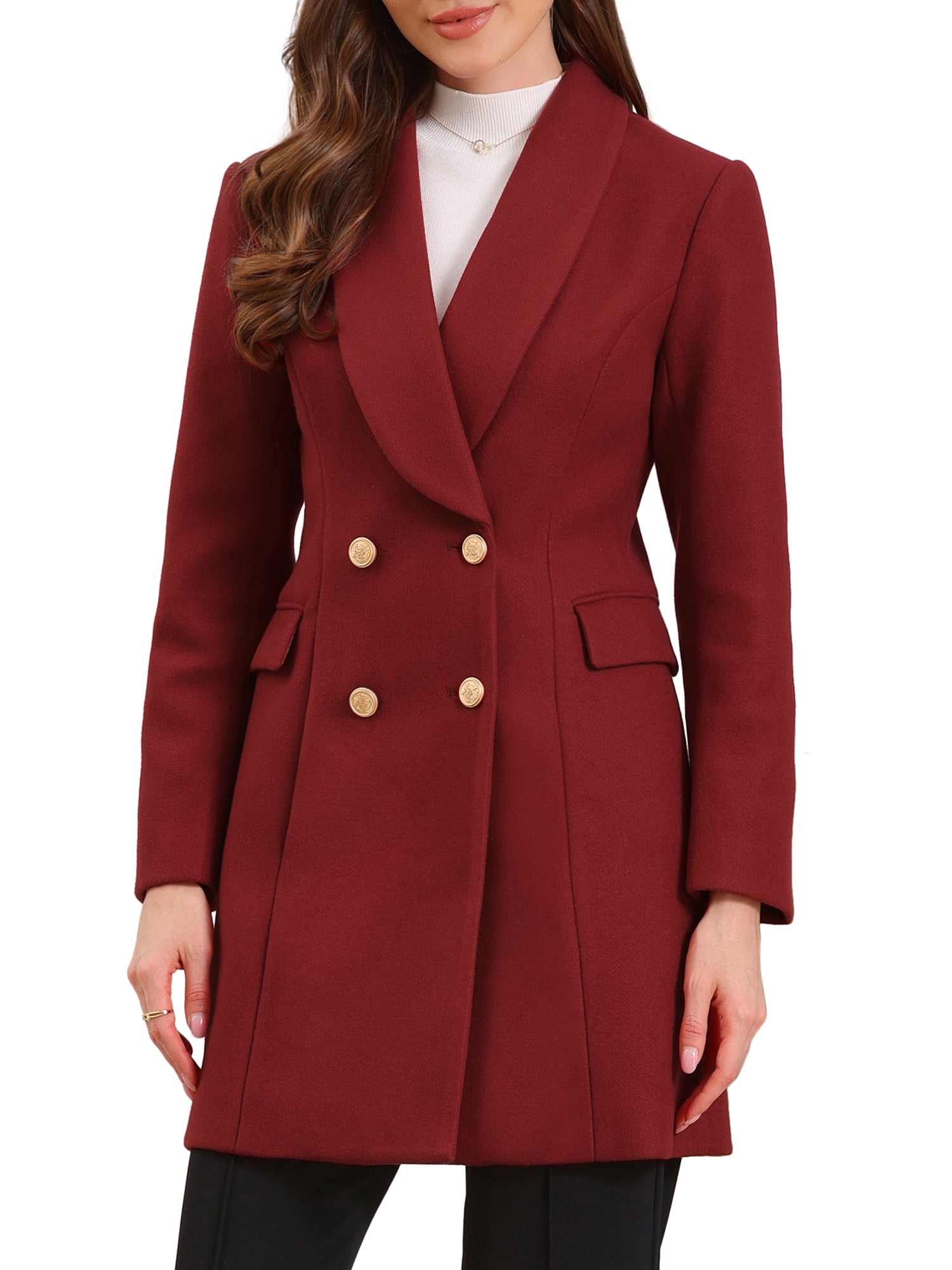 DARING DIVA Women's Double Breasted Shawl Collar Long Coat With Pockets XS Burgundy