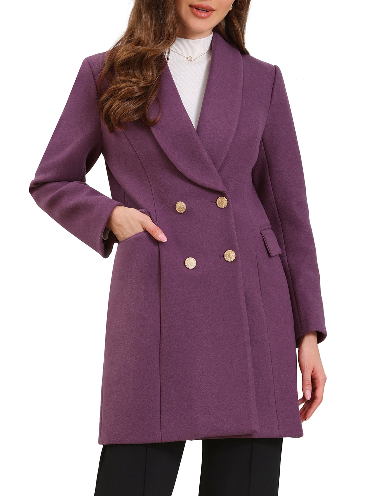 DARING DIVA Women's Double Breasted Shawl Collar Long Coat With Pockets XS Purple