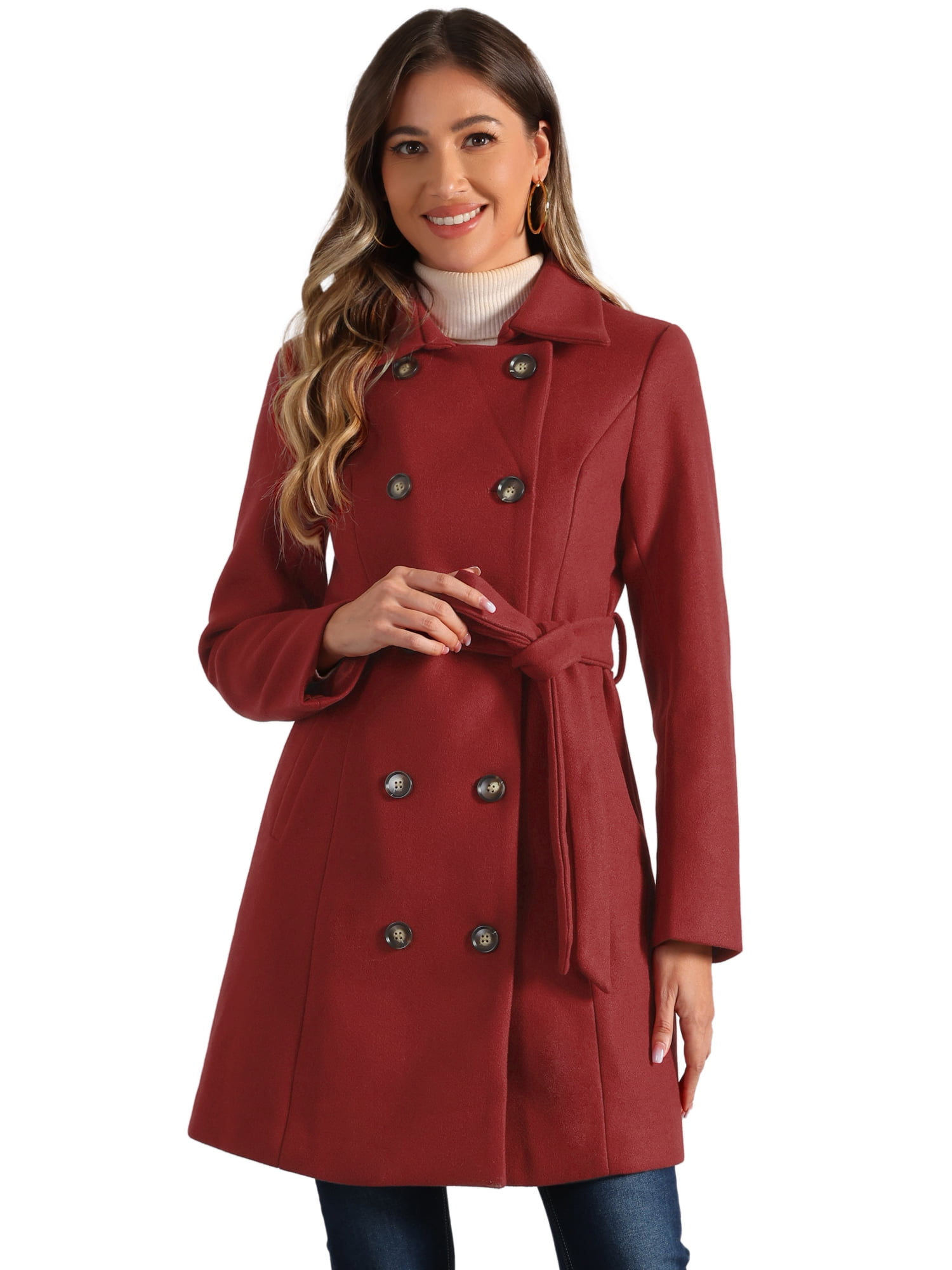 DARING DIVA Women's Double Breasted Slant Pocket Button Down Belted Coats Dark Red L