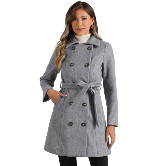 DARING DIVA Women's Double Breasted Slant Pocket Button Down Belted Coats Grey L