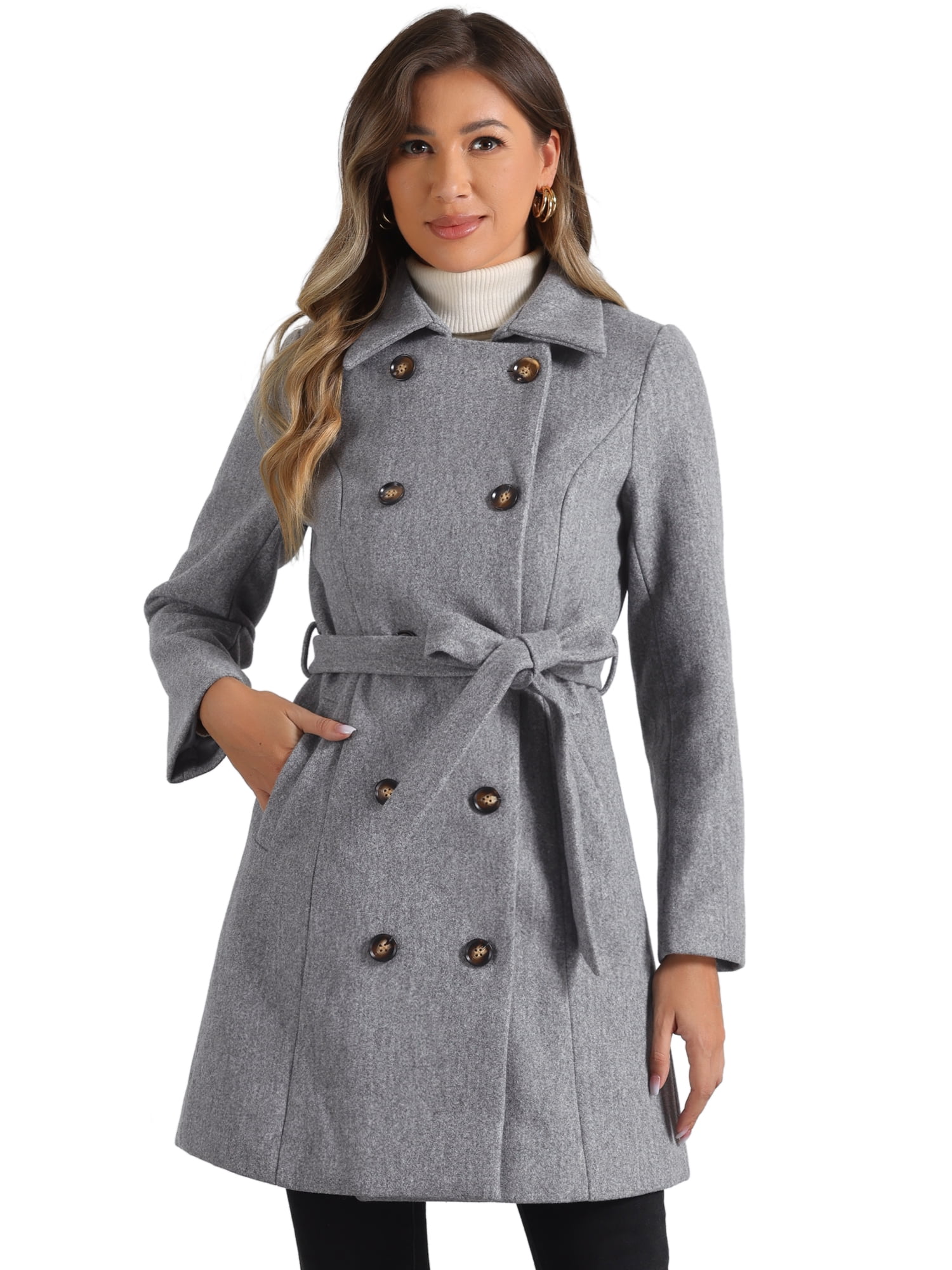 Womens Hooded Coat with Belted Waist and Button Front