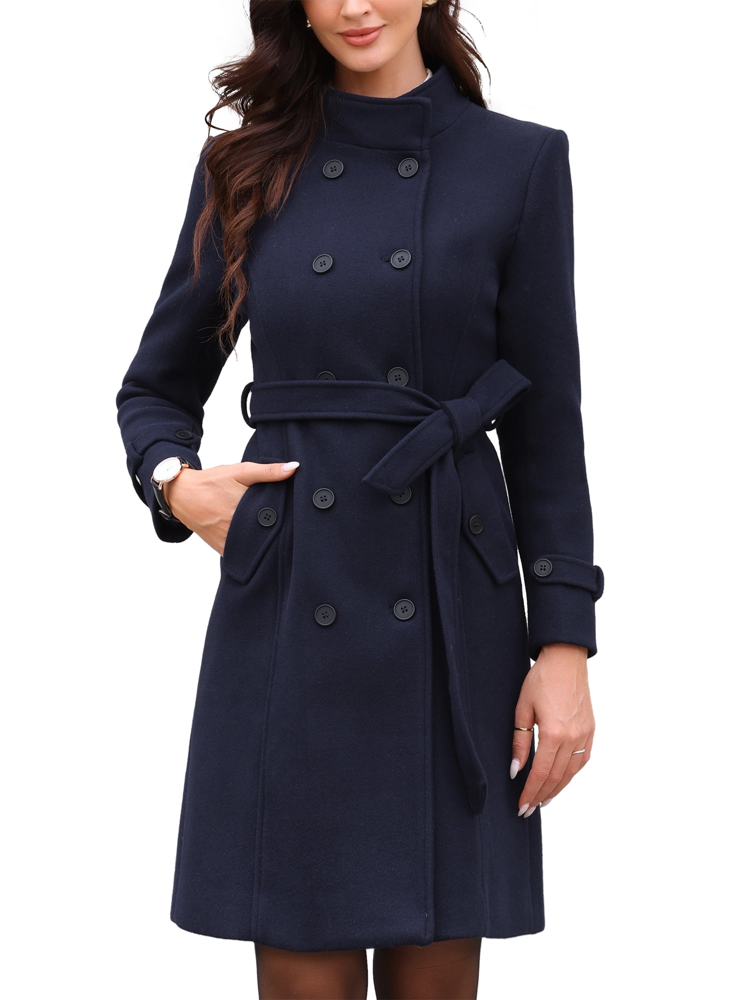 DARING DIVA Women's Double Breasted Trench Long Winter Pea Coat with Belt S Deep Blue