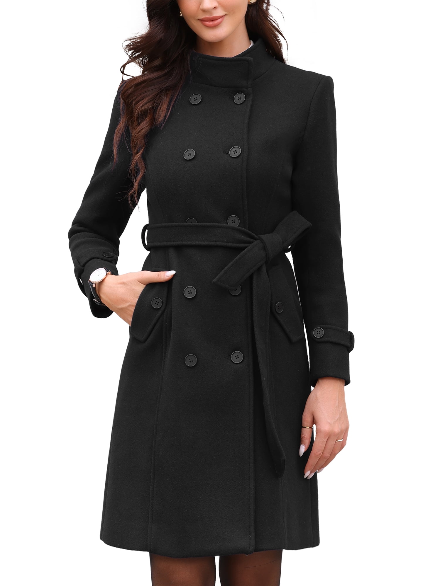 DARING DIVA Women's Double Breasted Trench Long Winter Pea Coat with Belt XL Black