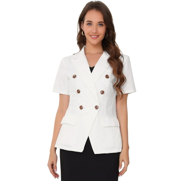 DARING DIVA Women's Double Breasted Work Office Short Sleeve Lapel Blazer M White