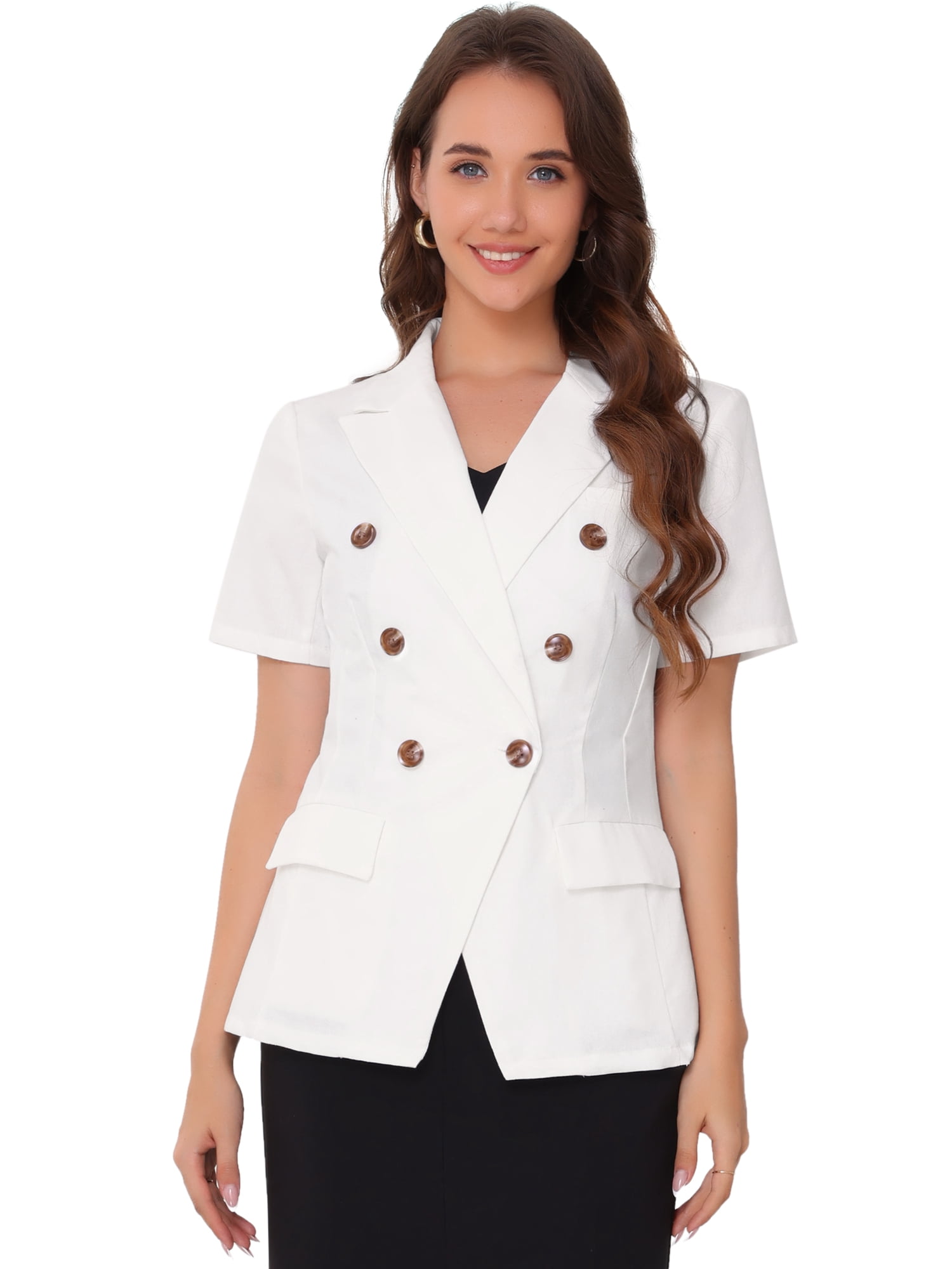 DARING DIVA Women's Double Breasted Work Office Short Sleeve Lapel Blazer XS White