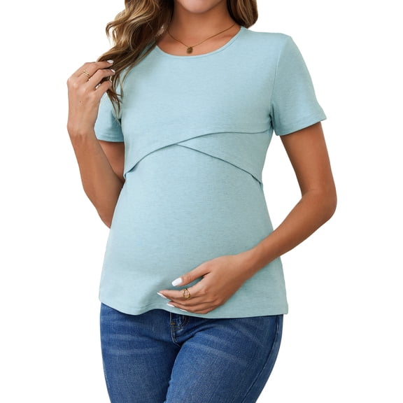 DARING DIVA Women's Double Layer Maternity Nursing Tops L Blue