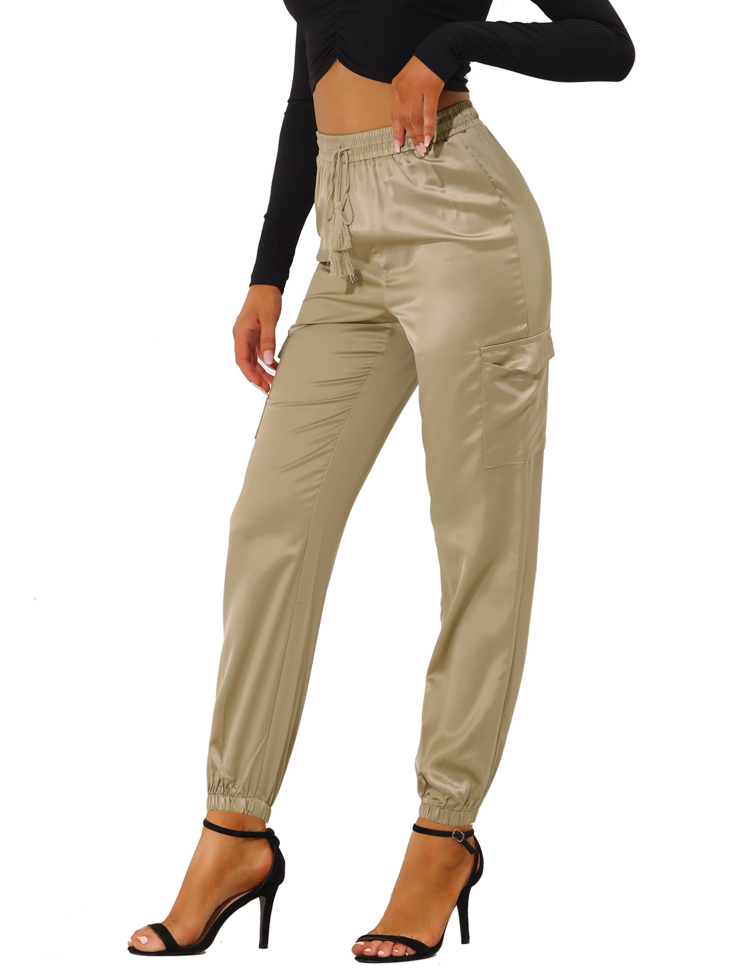 DARING DIVA Women's Drawstring Elastic High Waist Satin Cargo Pants L Khaki