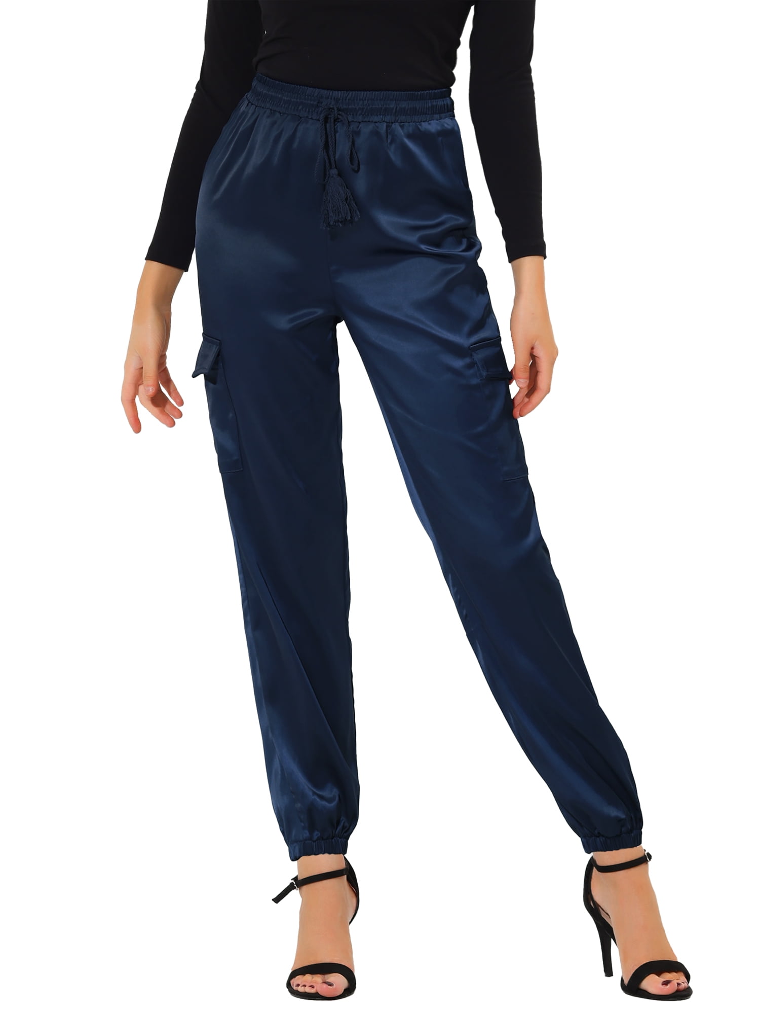 DARING DIVA Women's Drawstring Elastic High Waist Satin Cargo Pants L Royal Blue