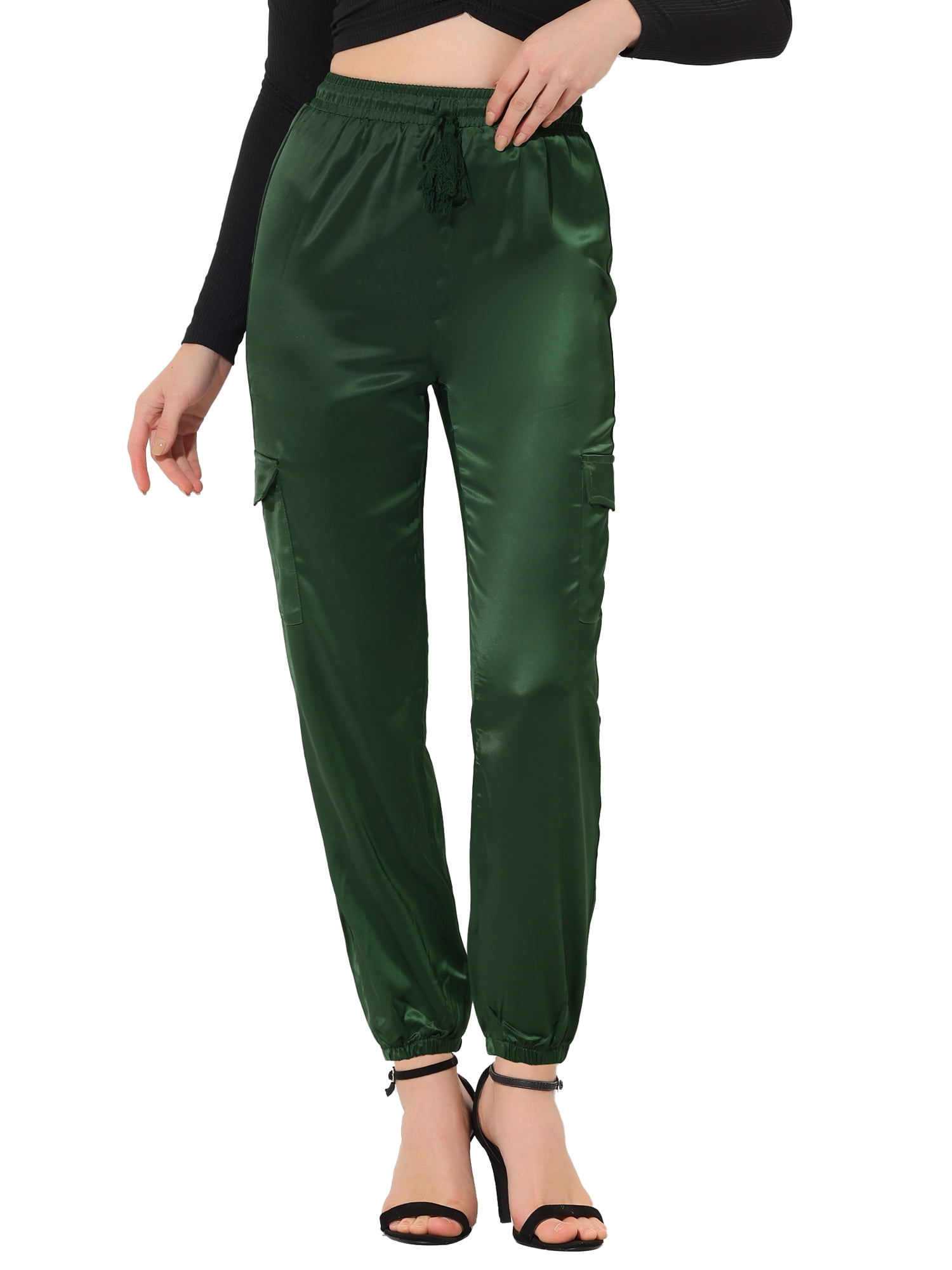 DARING DIVA Women's Drawstring Elastic High Waist Satin Cargo Pants M Dark Green