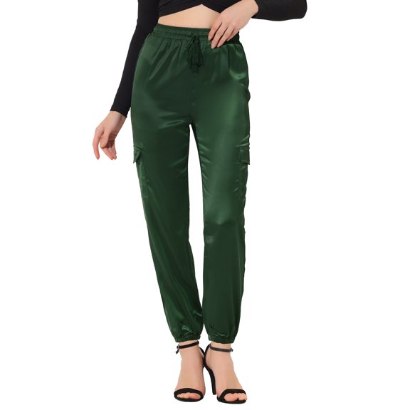 DARING DIVA Women's Drawstring Elastic High Waist Satin Cargo Pants M Dark Green