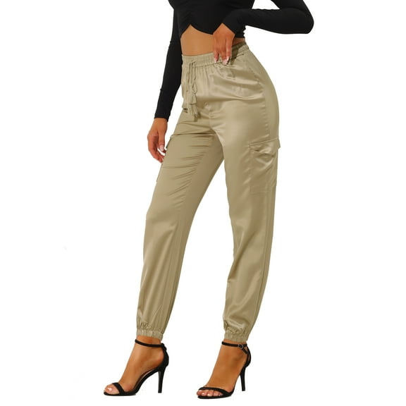 DARING DIVA Women's Drawstring Elastic High Waist Satin Cargo Pants M Khaki
