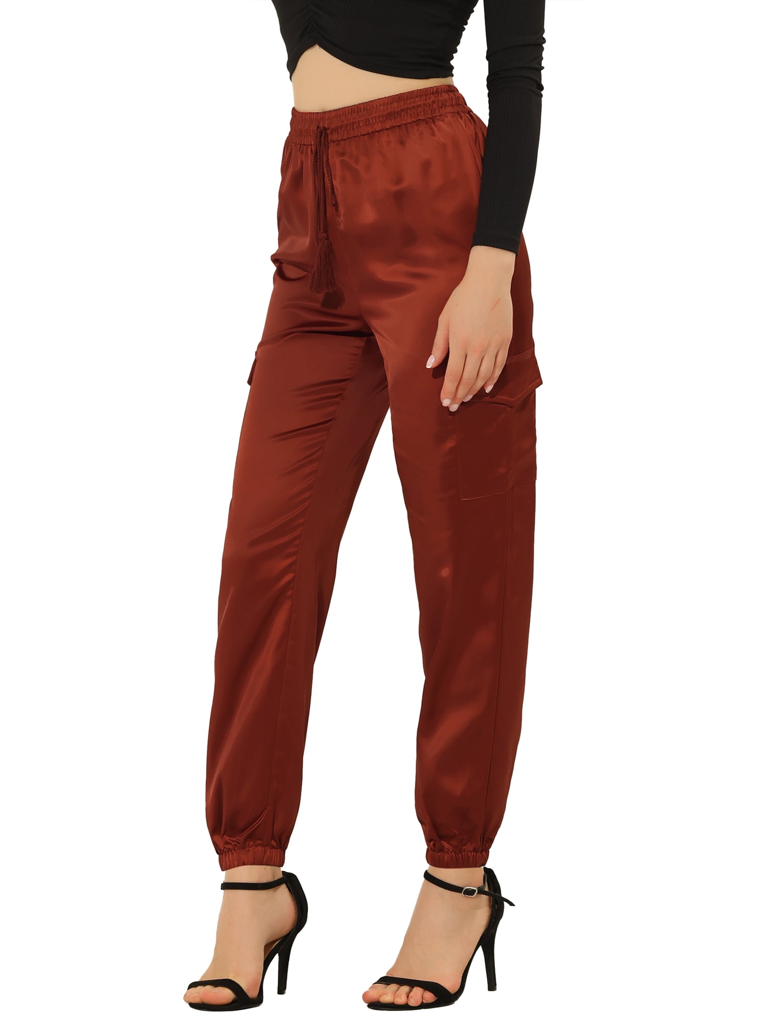 DARING DIVA Women's Drawstring Elastic High Waist Satin Cargo Pants S Brown