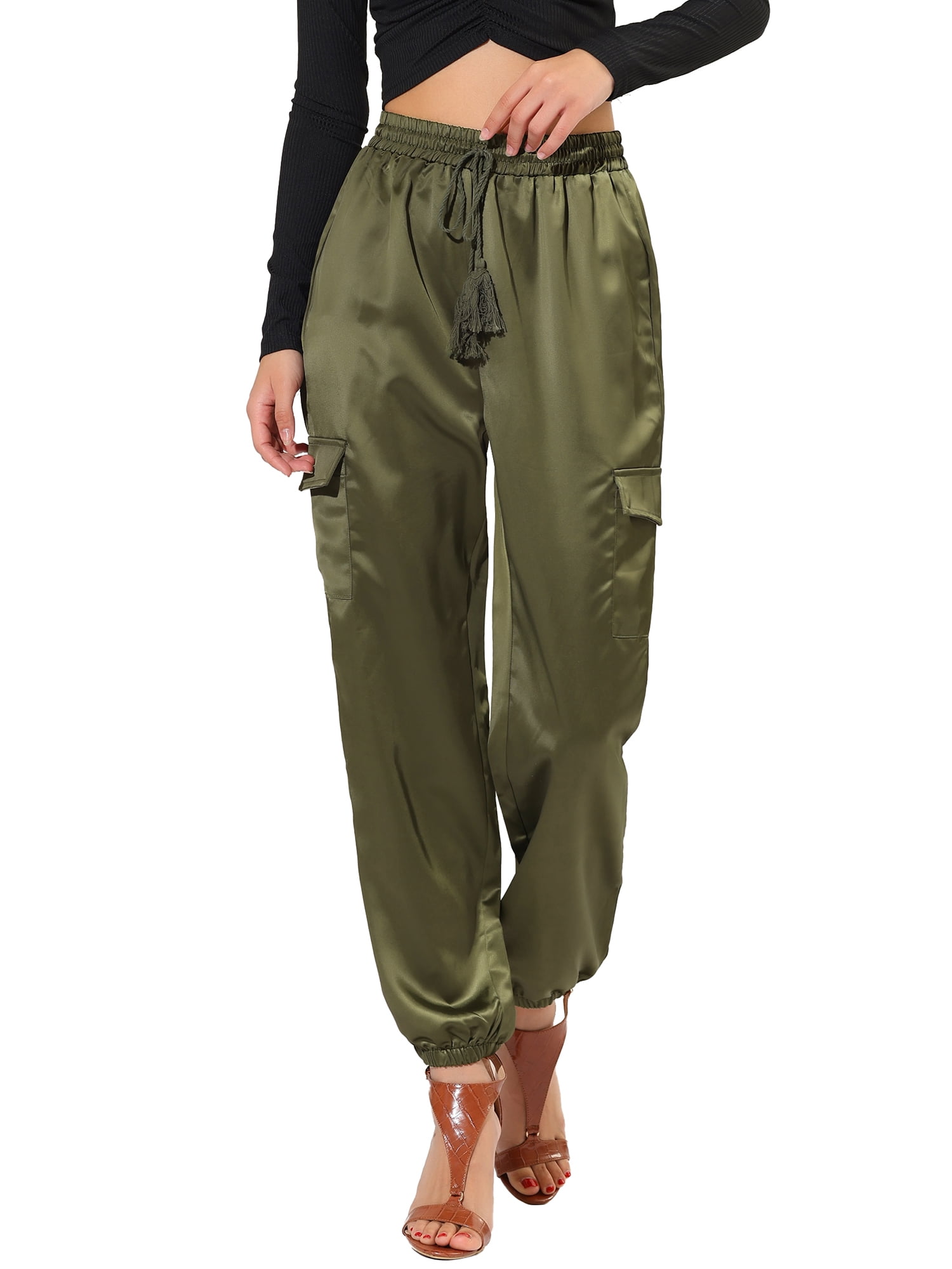 DARING DIVA Women's Drawstring Elastic High Waist Satin Cargo Pants S Green