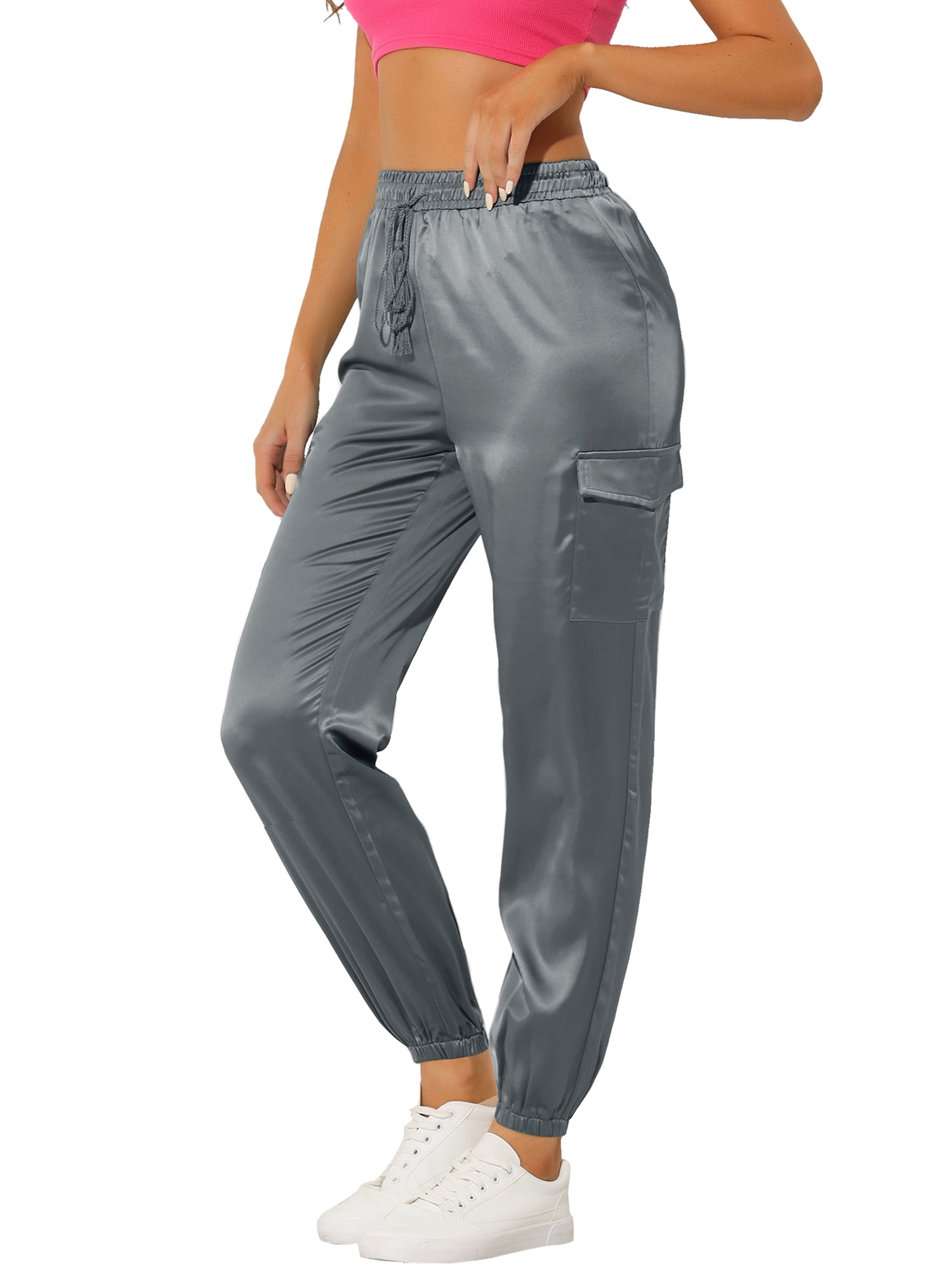 DARING DIVA Women's Drawstring Elastic High Waist Satin Cargo Pants S Grey