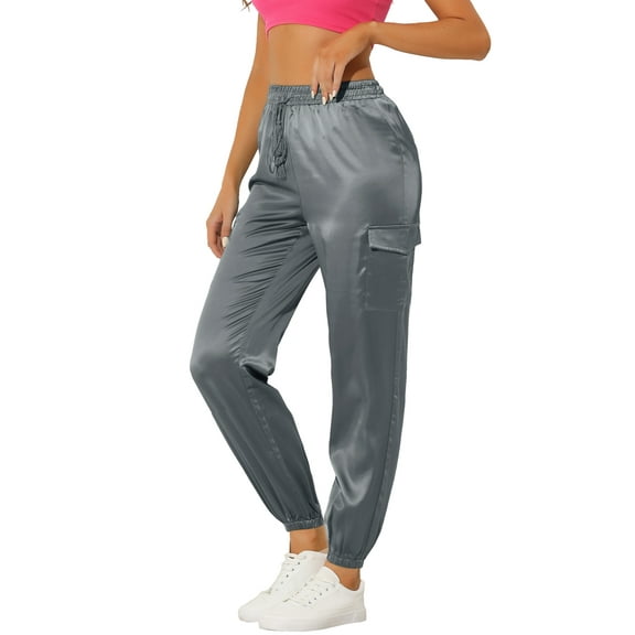 DARING DIVA Women's Drawstring Elastic High Waist Satin Cargo Pants S Grey