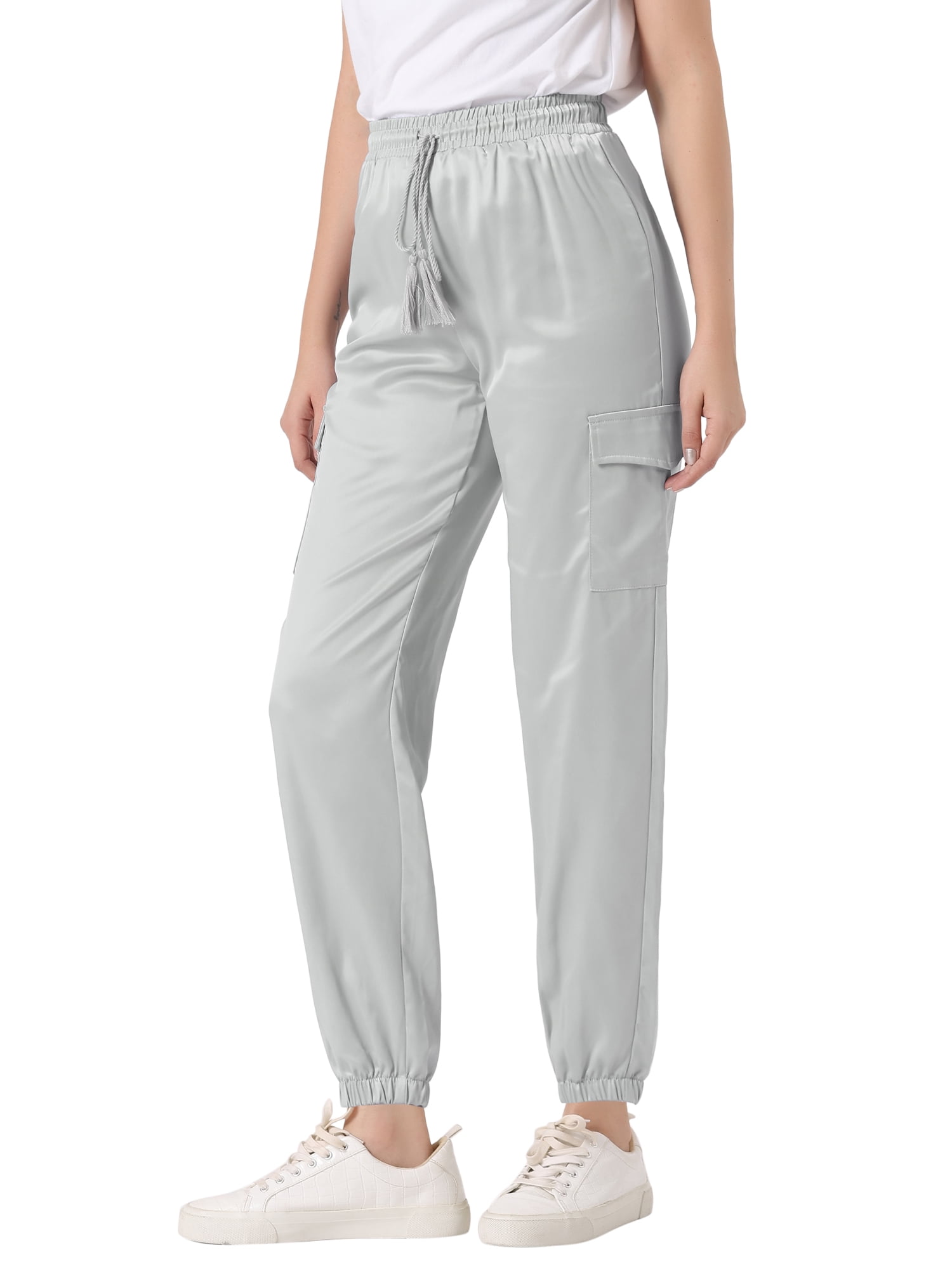DARING DIVA Women's Drawstring Elastic High Waist Satin Cargo Pants S Light Grey