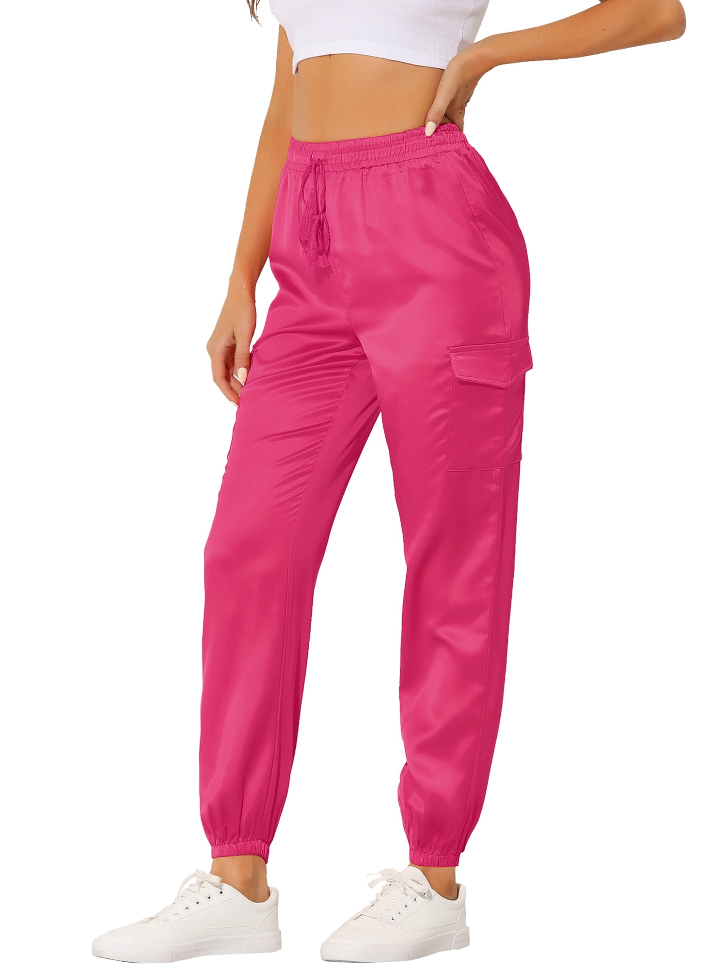 DARING DIVA Women's Drawstring Elastic High Waist Satin Cargo Pants S Rose Red