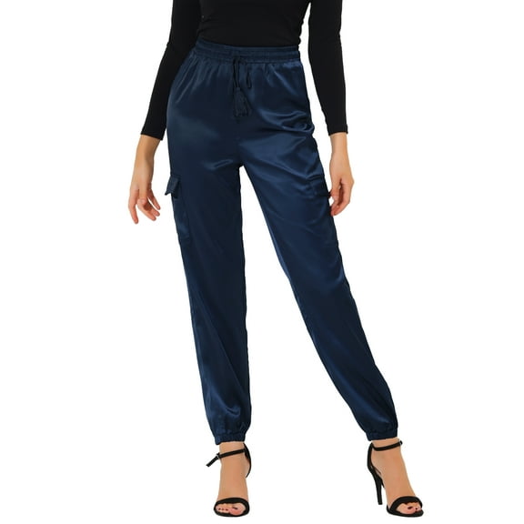 DARING DIVA Women's Drawstring Elastic High Waist Satin Cargo Pants S Royal Blue
