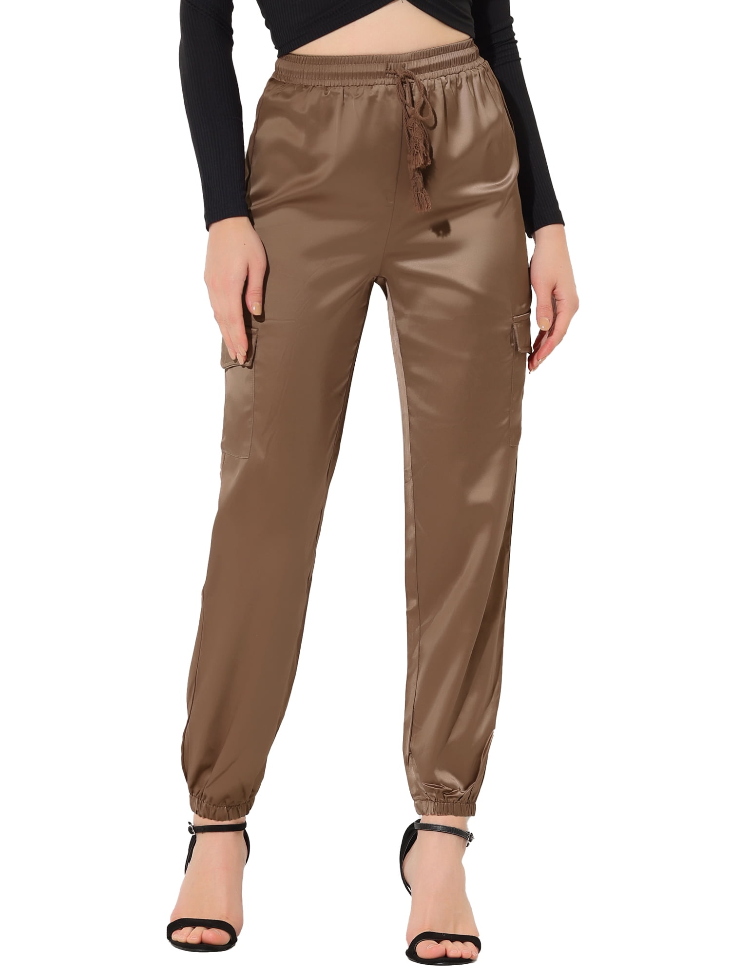 DARING DIVA Women's Drawstring Elastic High Waist Satin Cargo Pants S Tan