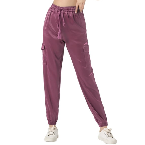 DARING DIVA Women's Drawstring Elastic High Waist Satin Cargo Pants XL Pink Purple