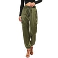 thumbnail image 1 of DARING DIVA Women's Drawstring Elastic High Waist Satin Cargo Pants XS Green, 1 of 7