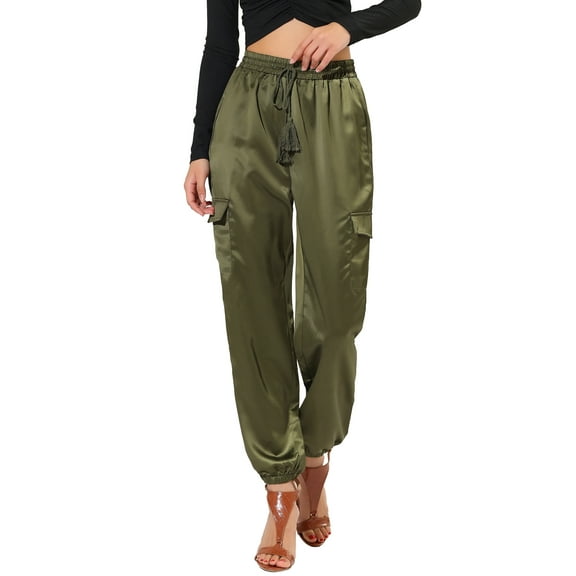 DARING DIVA Women's Drawstring Elastic High Waist Satin Cargo Pants XS Green