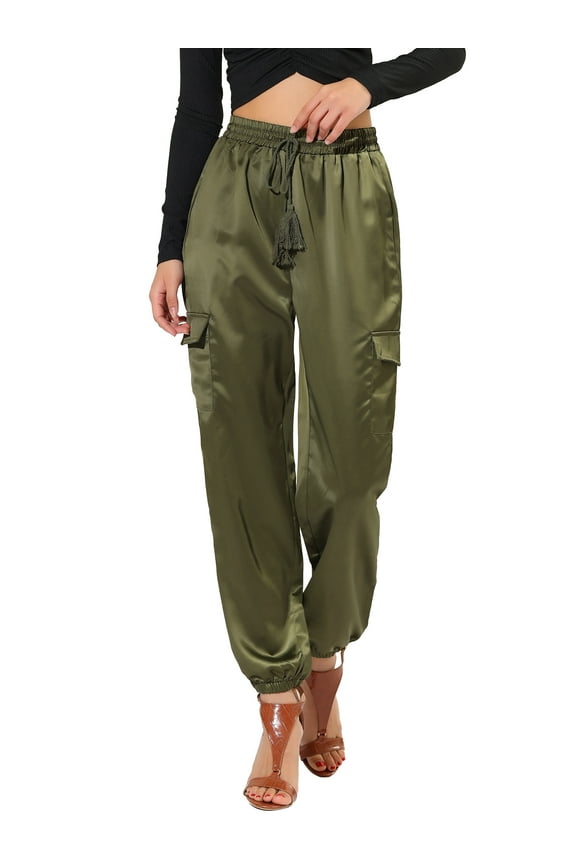 Women's Drawstring Elastic High Waist Satin Cargo Pants XS Green