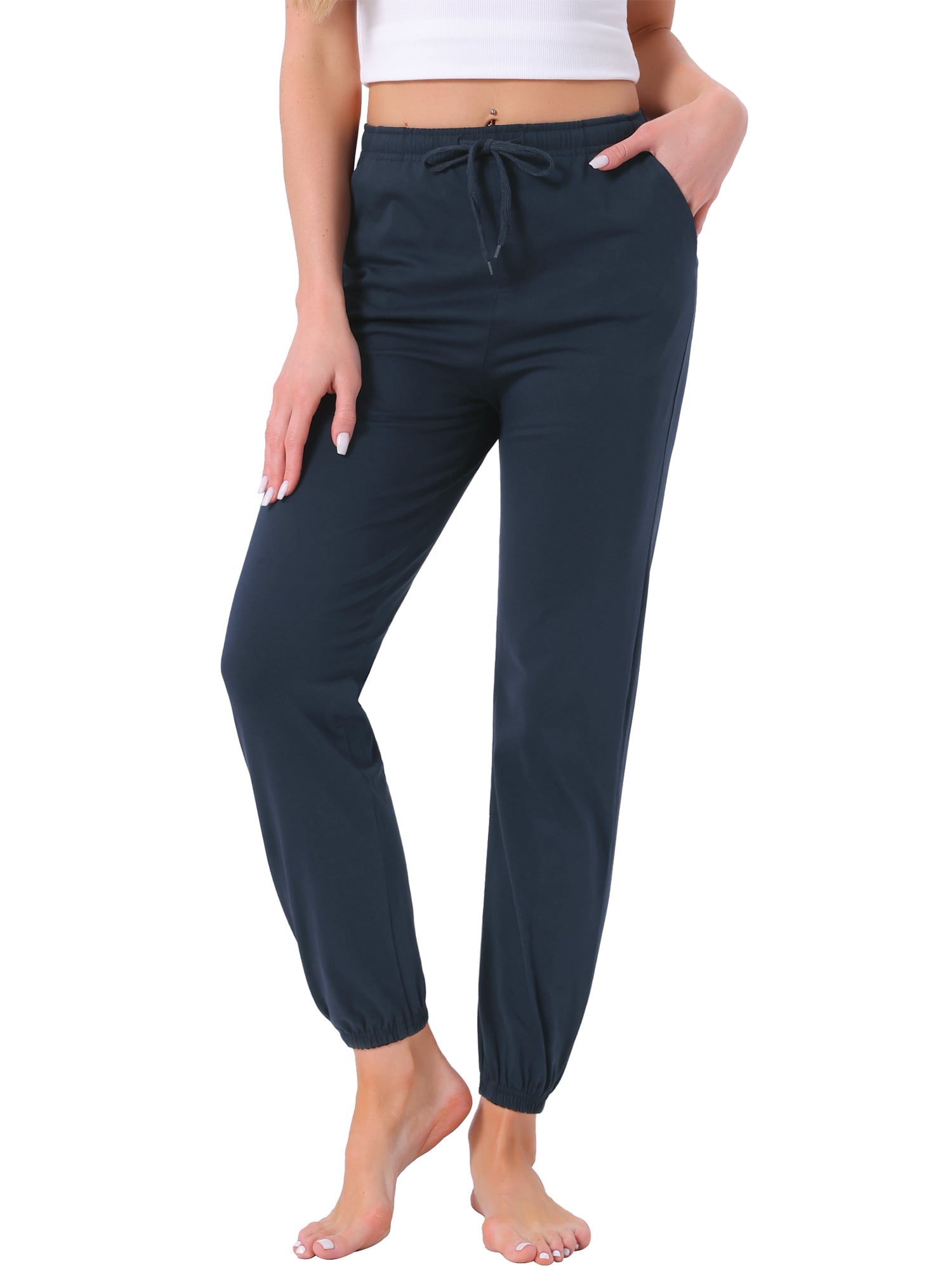 DARING DIVA Women's Drawstring Elastic Waist Cotton Pajama Pants L Navy