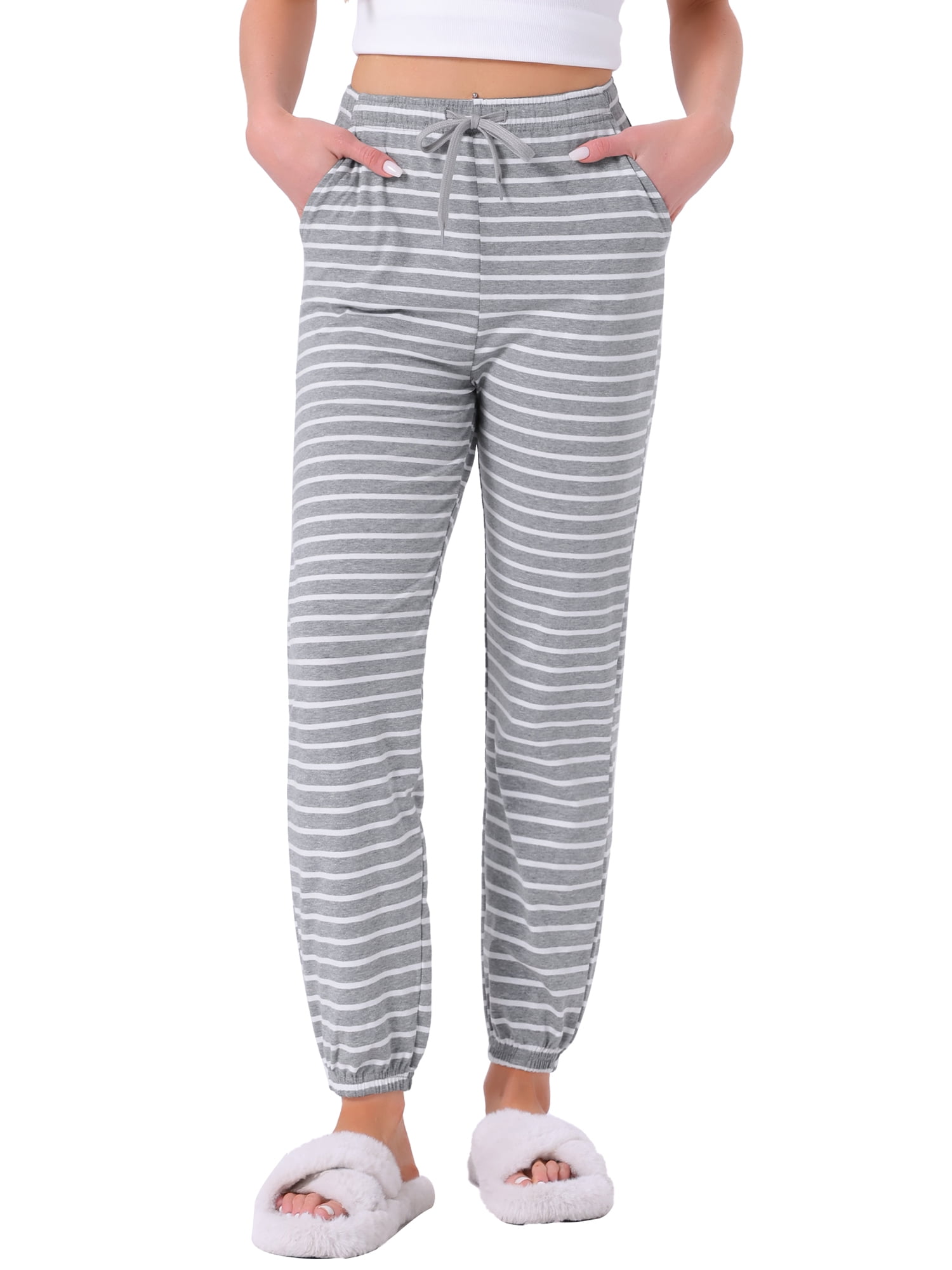 DARING DIVA Women's Drawstring Elastic Waist Cotton Pajama Pants M Grey Stripe