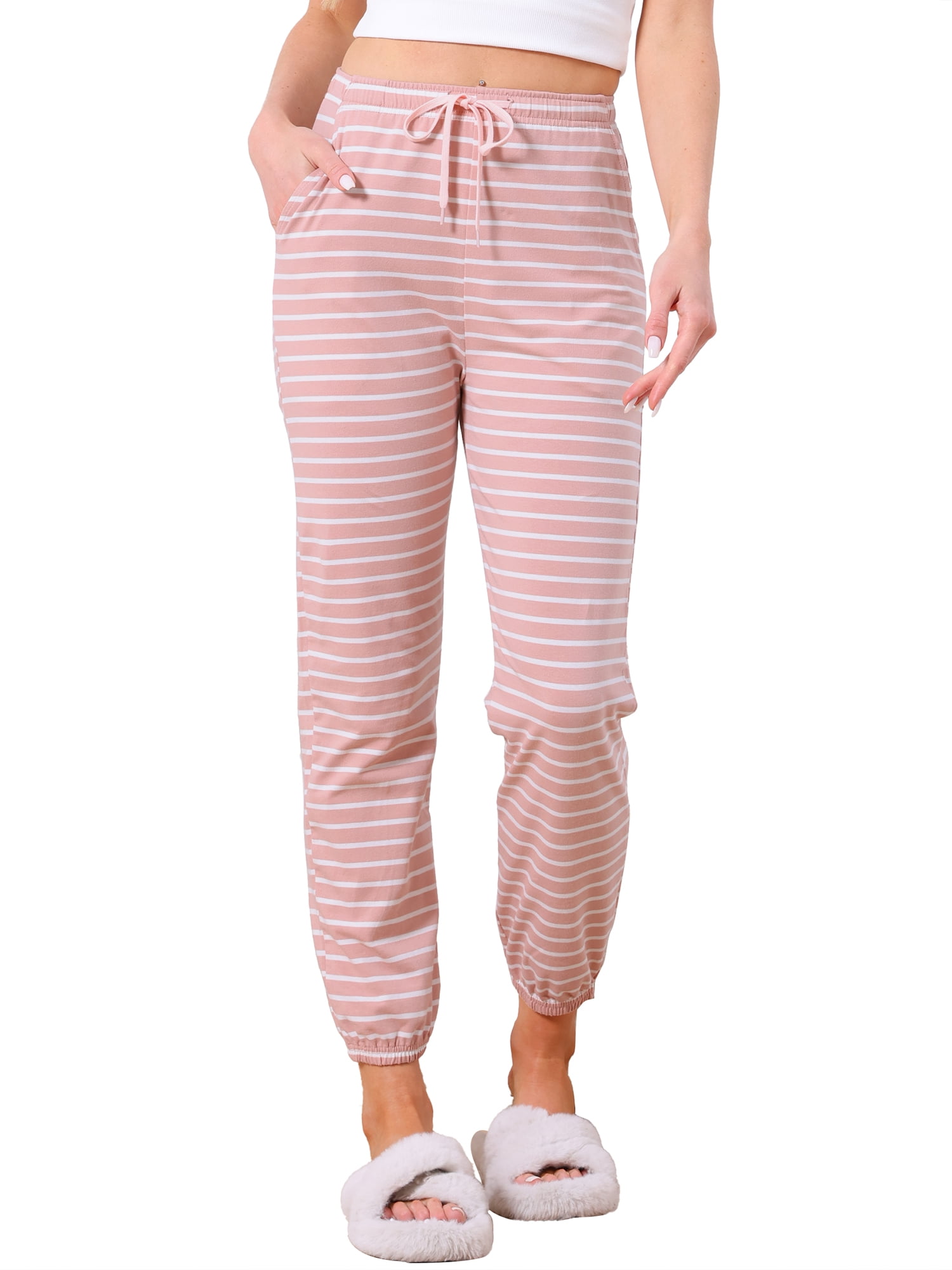 DARING DIVA Women's Drawstring Elastic Waist Cotton Pajama Pants S Dusty Rose Stripe