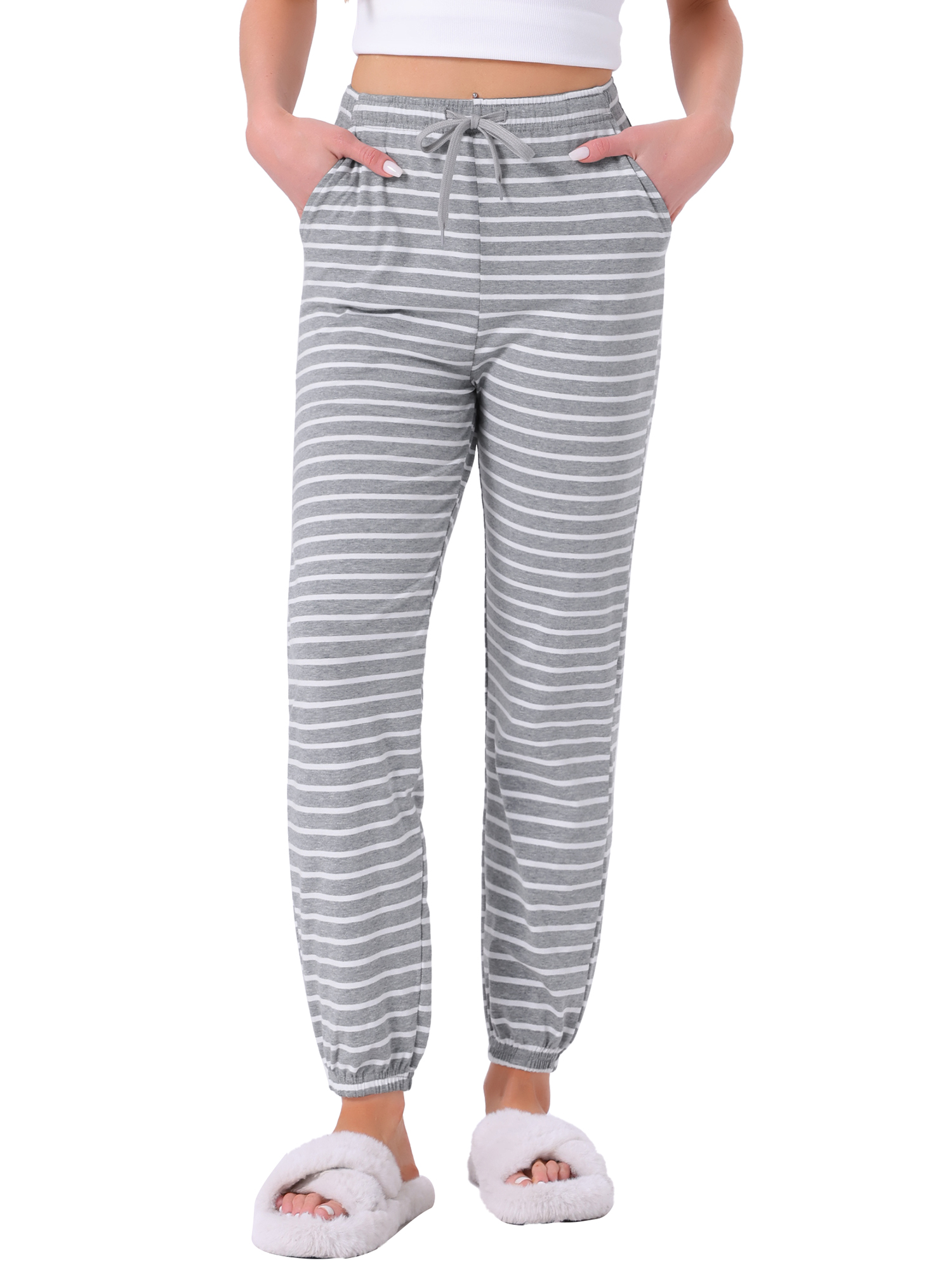 DARING DIVA Women's Drawstring Elastic Waist Cotton Pajama Pants XL Grey Stripe