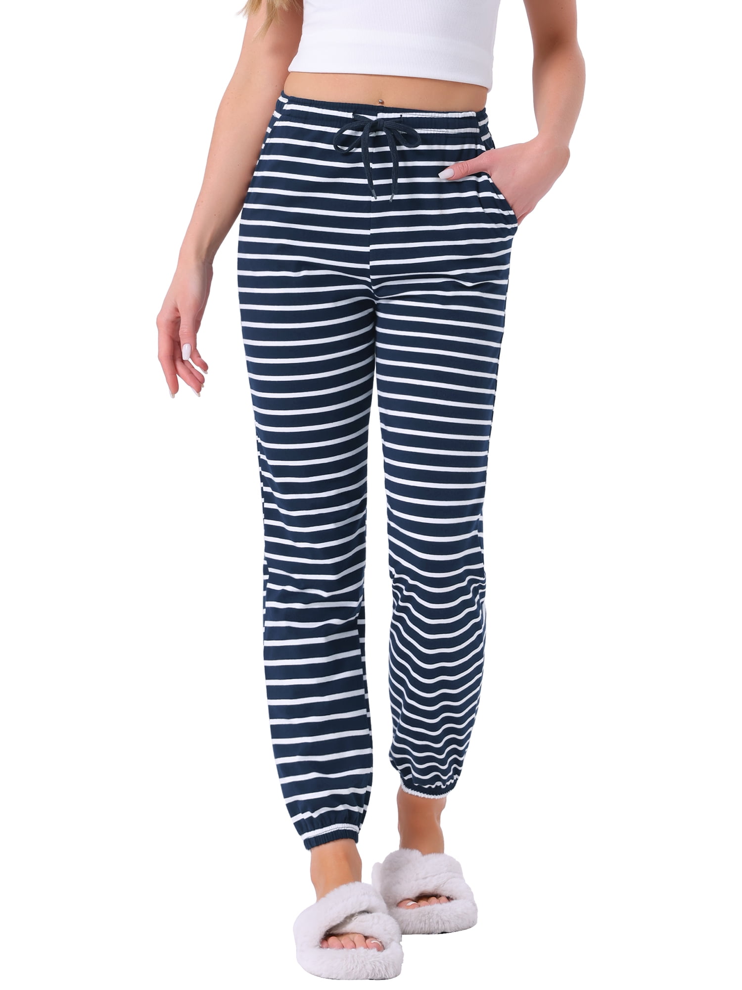 DARING DIVA Women's Drawstring Elastic Waist Cotton Pajama Pants XL Navy Stripe