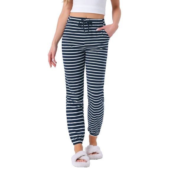 DARING DIVA Women's Drawstring Elastic Waist Cotton Pajama Pants XS Navy Stripe