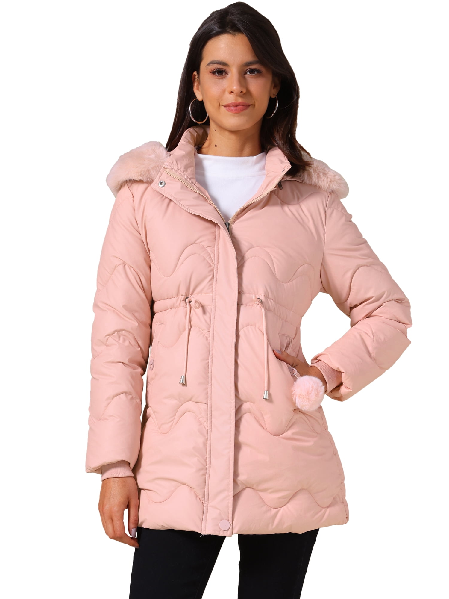 DARING DIVA Women's Drawstring Waist Removable Hooded Parka Jacket M Pink