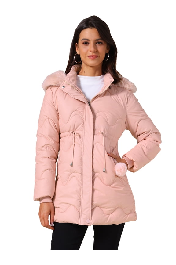 Women's Drawstring Waist Removable Hooded Parka Jacket M Pink